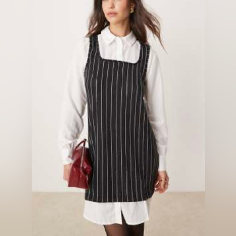 Classic Black Pinstripe Long-Sleeve Layered Dress